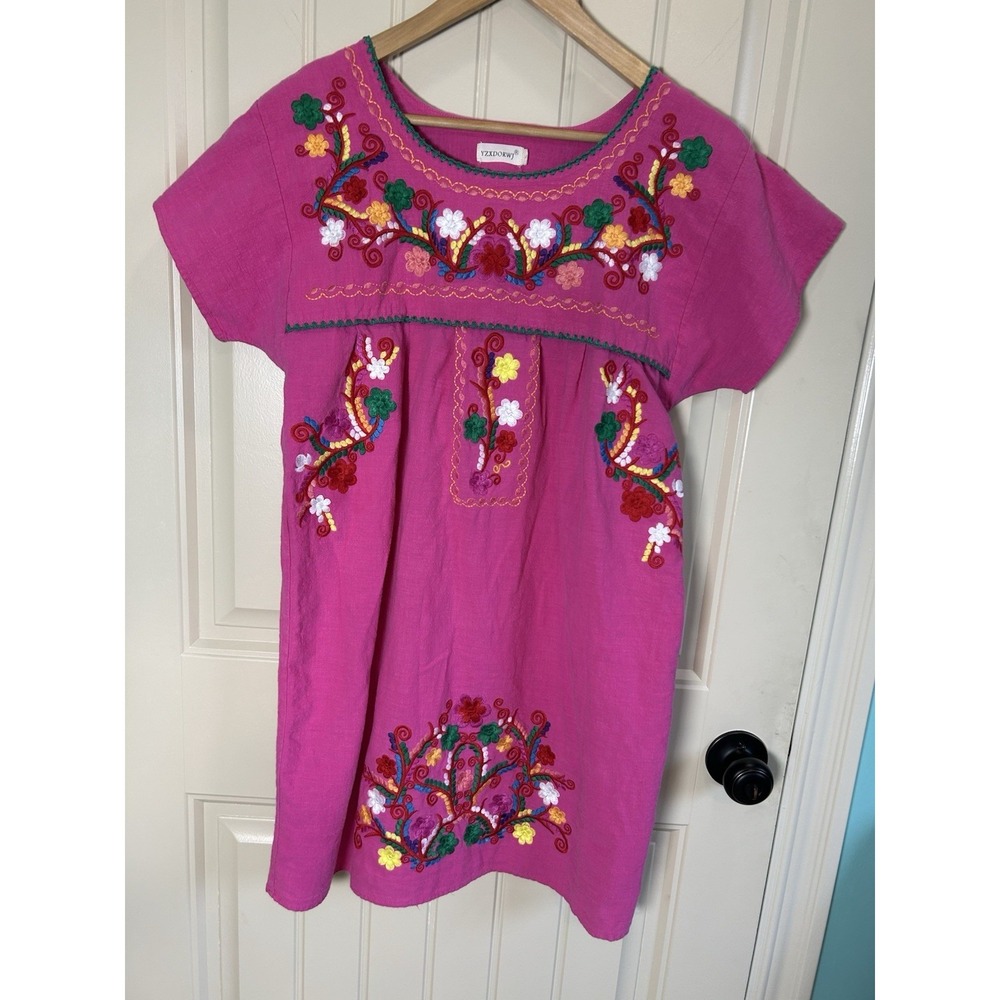 YZXDORWJ Womens Folklore Embroidered Dress  Large Pink Floral Mexican Boho